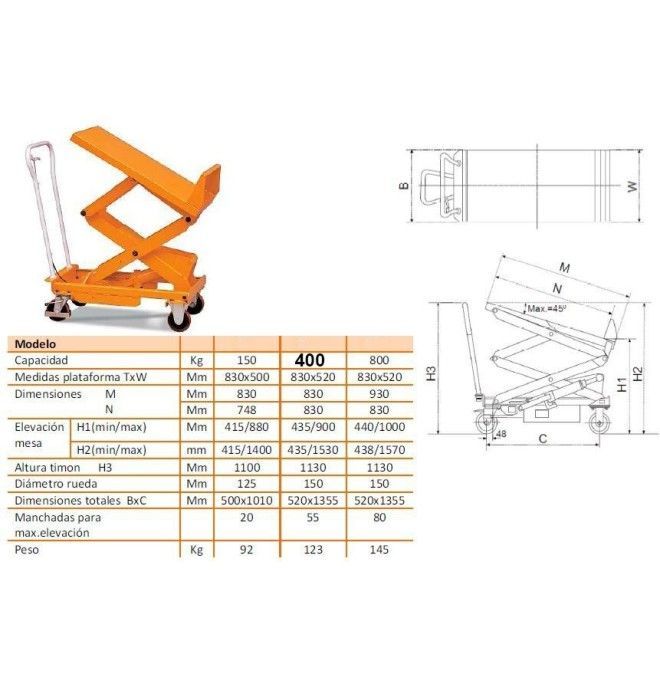 Mesas Especiales--Mesa Elevadora Manual 400kg (inclinable)