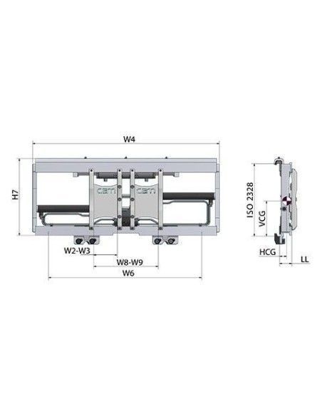 A bordo: tensões, grampos,... -Posicionador FEM2 2500kg Garfos, 1020mm de largura com Deslocador