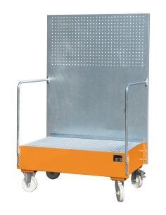 Cubetas de polietileno & metálicas--Bandeja colectora móvil con panel perforado, pintada, Amarillo naranja