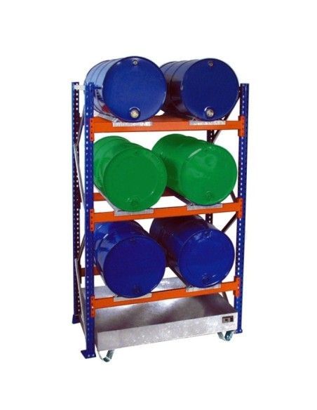 -- Drum shelves with collector trays, galvanized