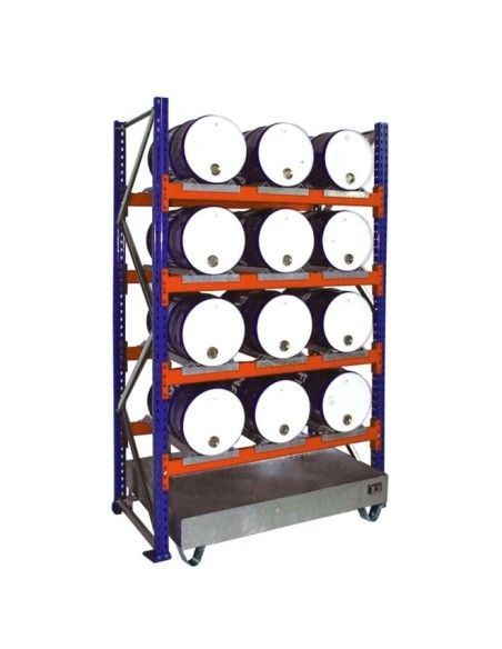 -- Drum shelves with collector trays, galvanized