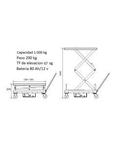Mesas Eléctricas--Mesa Elevadora a batería 1000kg, elevación 2000mm 1300x800mm 2