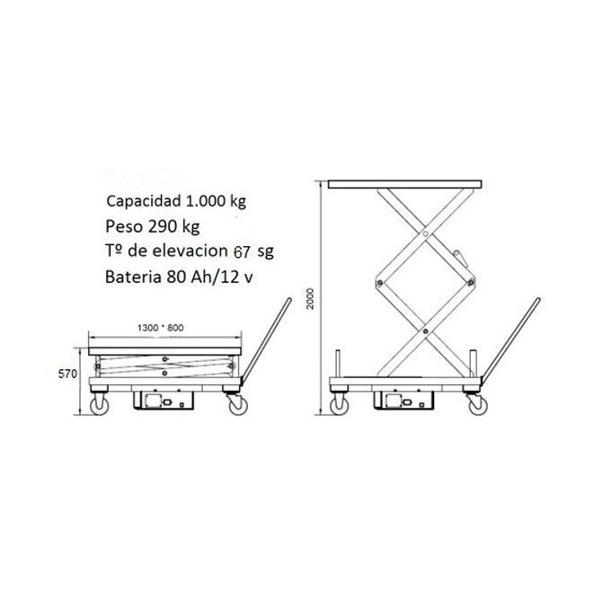 Mesas elétricas..-Mesa elevatória bateria 1000kg, elevação 2000m m 1300x800mm