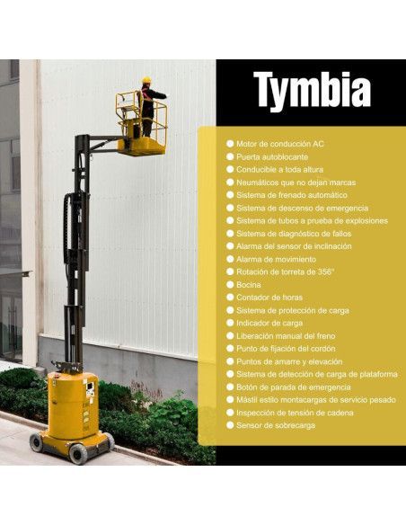 Plataformas Únicas-TYMBIA-Plataforma elevatória mastro vertical com braço 7,9m-200kg