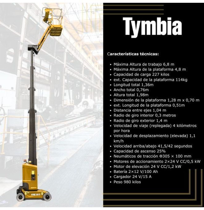 Plataformas Únicas-TYMBIA-Plataforma elevatória mastro vertical com braço 4,8m-227kg