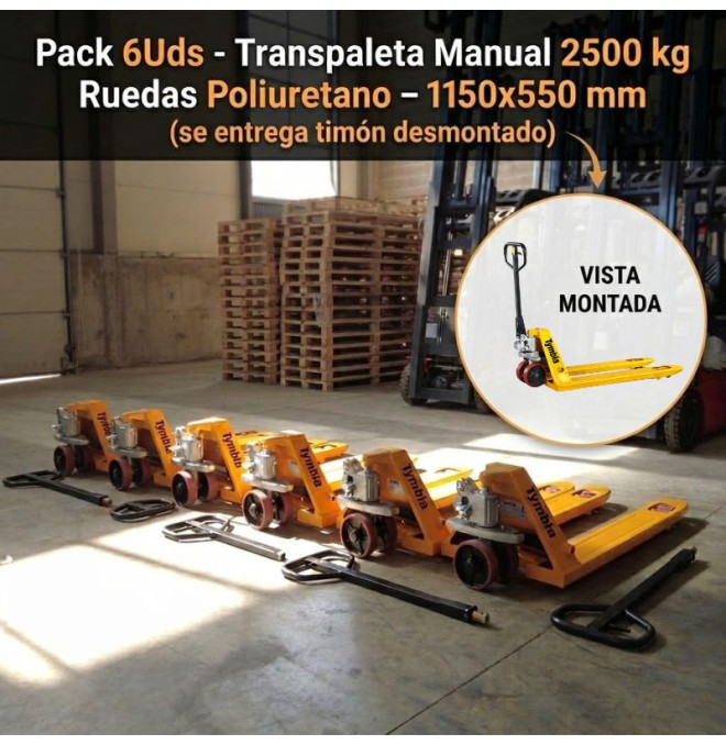 Manuelle Tymbie-Pack 6UDS Transparents - Transphase manuelle de 2500 kg - roues de polyuréthane - 1150x550 mm (la route est livr