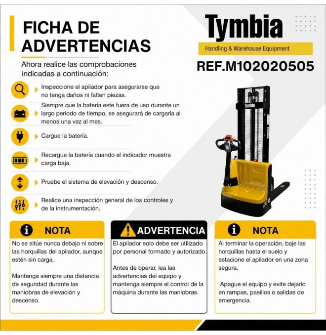 Electric Stackers-TYMBIA-Electric stacker 1200kg at 3000mm - 24V / 100Ah