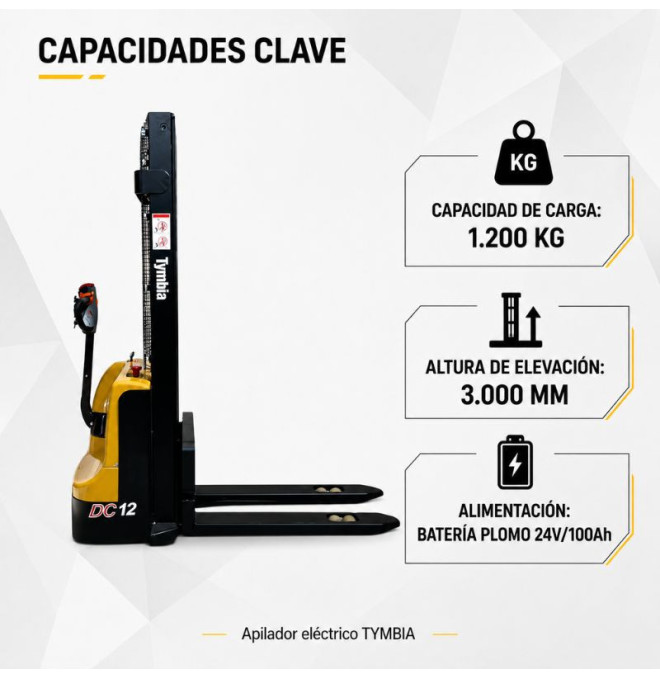 Electric Stackers-TYMBIA-Electric stacker 1200kg at 3000mm - 24V / 100Ah