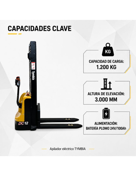 Electric Stackers-TYMBIA-Electric stacker 1200kg at 3000mm - 24V / 100Ah