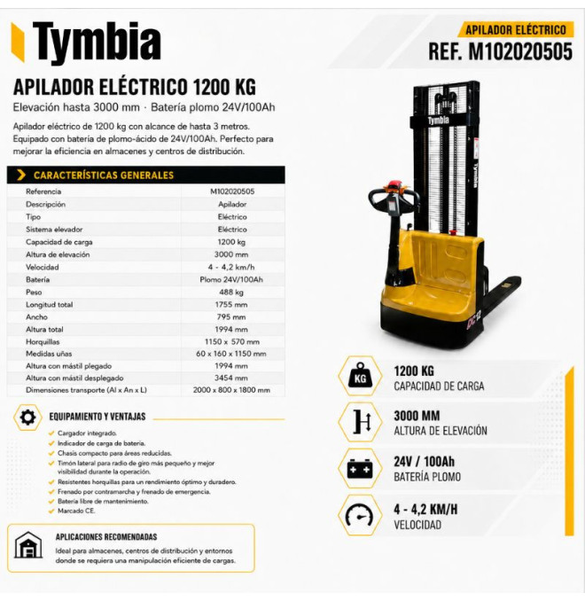 Electric Stackers-TYMBIA-Electric stacker 1200kg at 3000mm - 24V / 100Ah
