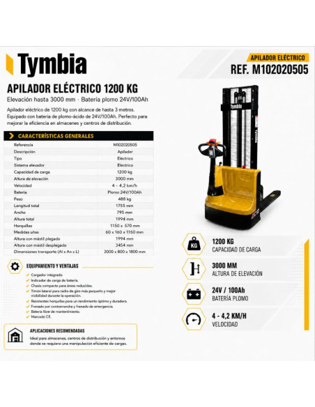Electric Stackers-TYMBIA-Electric stacker 1200kg at 3000mm - 24V / 100Ah