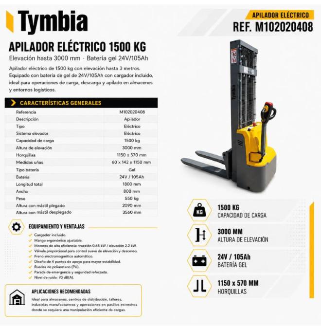 Empilhador elétrico 1500kg a 3000mm 24V / 105AH