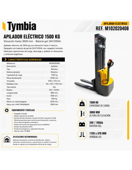 Gerbeur électrique 1500 kg à 3000mm 24v / 105Ah