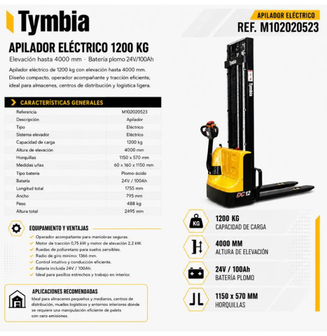 Elektrische Stapler-TYMBIA-Elektrischer Stapler 1200kg bei 4000 mm - 24V / 100Ah
