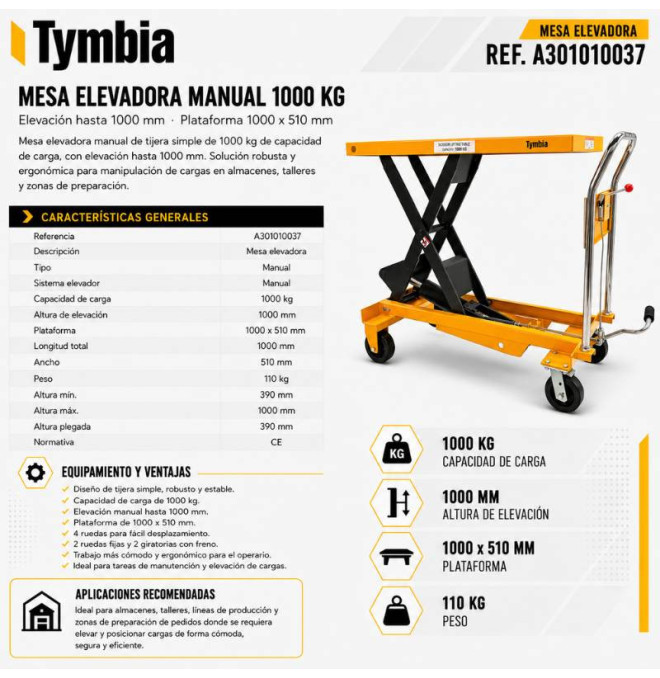 Manual lifting table 1000kg at 1000mm
