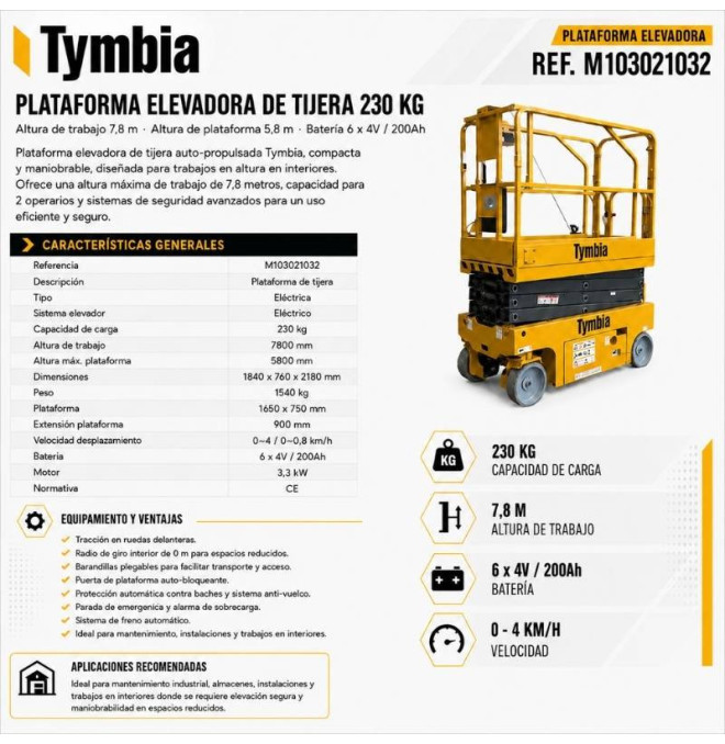Plates-Formes À Ciseaux-TYMBIA-Plate-forme élévatrice des ciseaux électriques de 7,8 m de travail - 230 kg