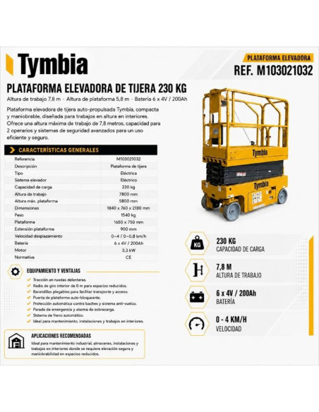 Piattaforme a Forbice-TYMBIA-Piattaforma di sollevamento di forbici elettriche di 7,8 m di lavoro - 230 kg