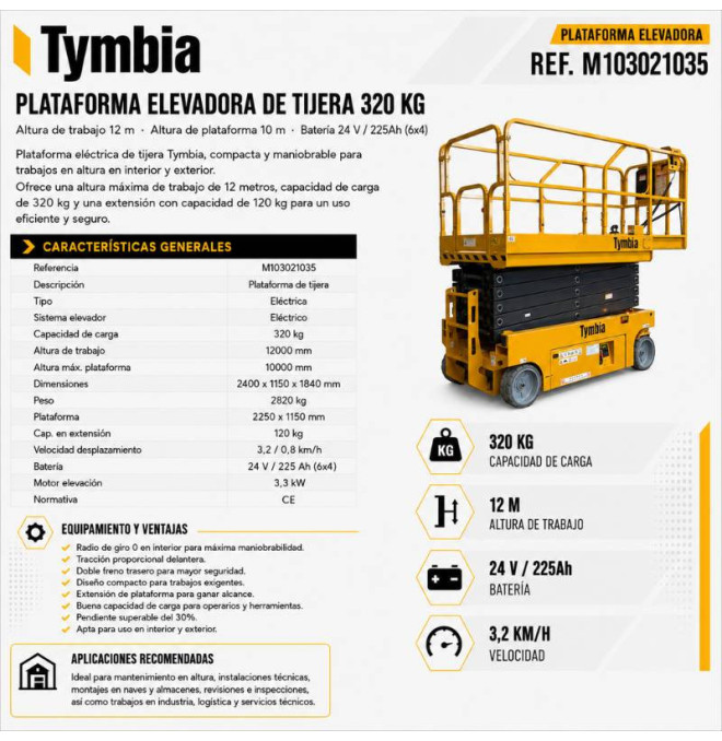 Plates-Formes À Ciseaux-TYMBIA-Plate-forme élévatrice des ciseaux électriques 12m Travail - 320kg