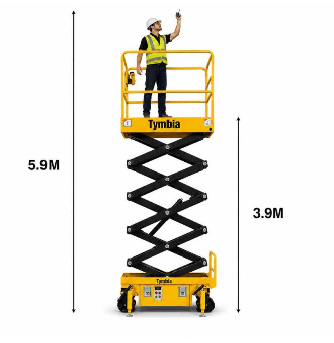 Plataformas de Tesoura-TYMBIA-Plataforma elevatória tesoura 5.9m-300kg semi elétrico