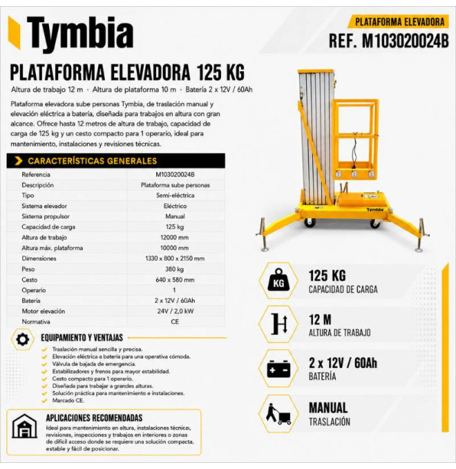 Mobile Work Platforms-TYMBIA-Lifting platform 12M - 125kg battery elevation
