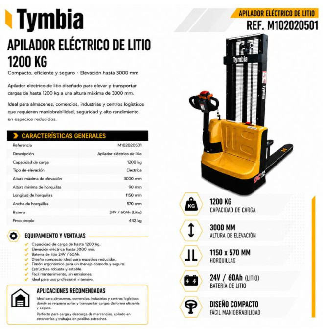 Empilhador elétrico 1200kg a 3000mm lítio 24v / 60ah