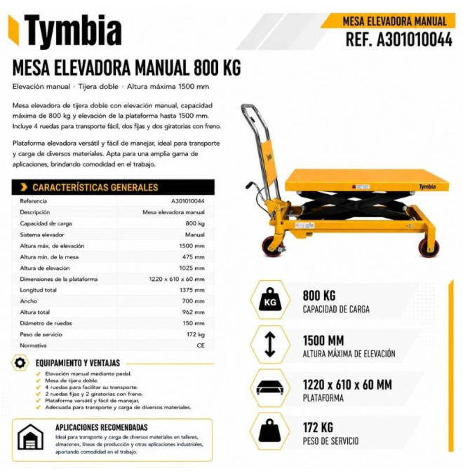 Mesa elevatória manual 800kg a 1500mm