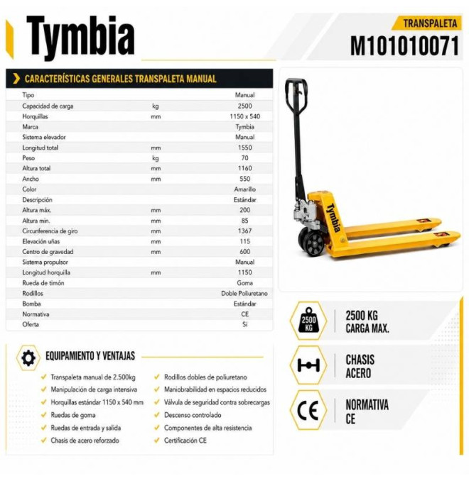Transpallet manuale 2500 kg e ruote in gomma - carico sicuro