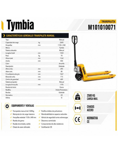 Transpallet manuale 2500 kg e ruote in gomma - carico sicuro