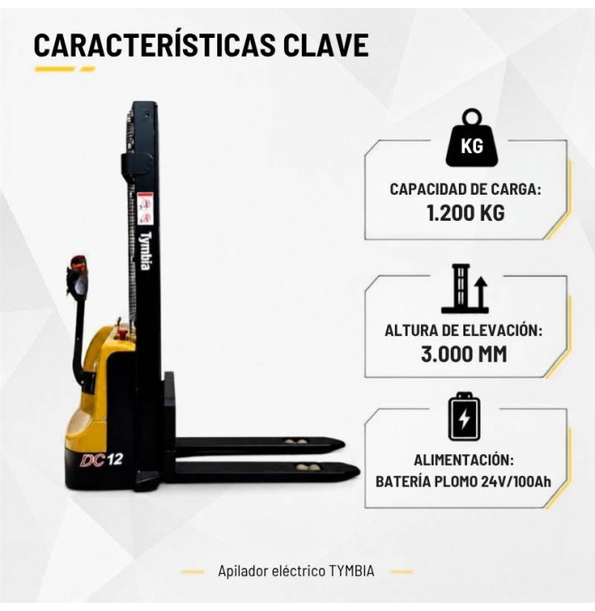 Electric stacker 1200kg at 3000mm - 24V / 100Ah