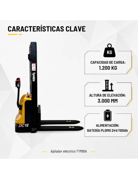 Electric stacker 1200kg at 3000mm - 24V / 100Ah