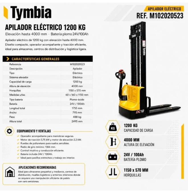 Electric stacker 1200kg at 4000mm - 24V / 100Ah