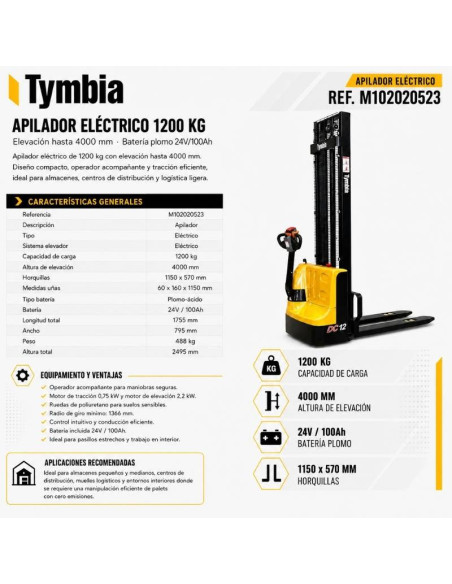 Electric stacker 1200kg at 4000mm - 24V / 100Ah