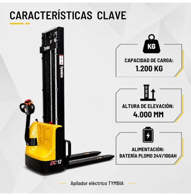 Electric stacker 1200kg at 4000mm - 24V / 100Ah