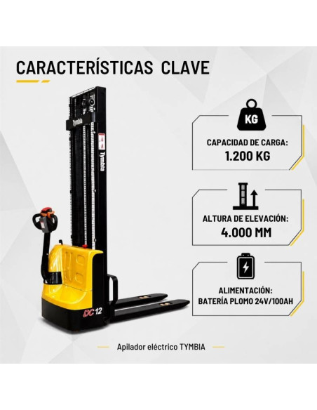 Electric stacker 1200kg at 4000mm - 24V / 100Ah