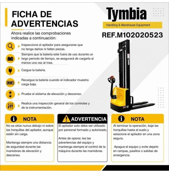 Electric stacker 1200kg at 4000mm - 24V / 100Ah