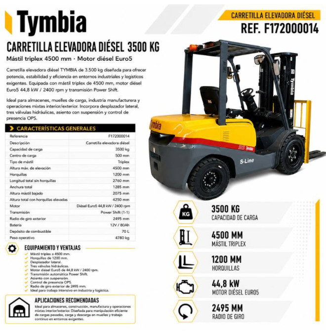 Chariot élévateur Diesel 3500kg - Mât Triplex 4500mm - Euro5