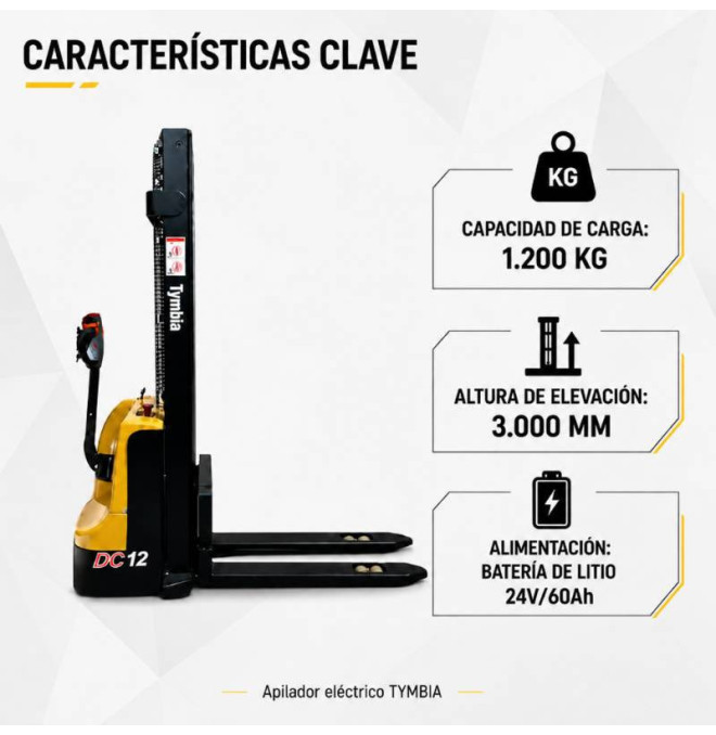 Empilhador elétrico 1200kg a 3000mm lítio 24v / 60ah