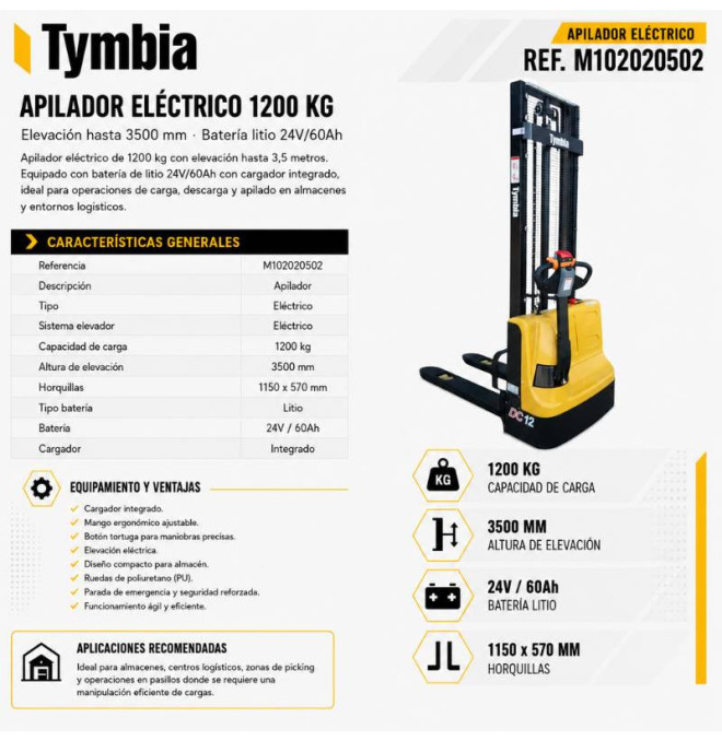 Electric stacker 1200kg at 3500mm Lithium 24V / 60AH