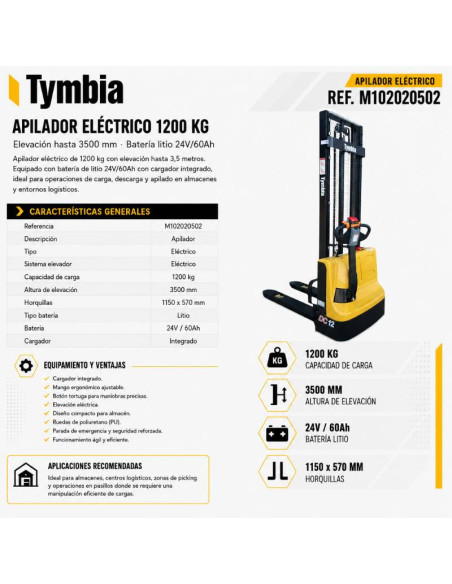 Electric stacker 1200kg at 3500mm Lithium 24V / 60AH