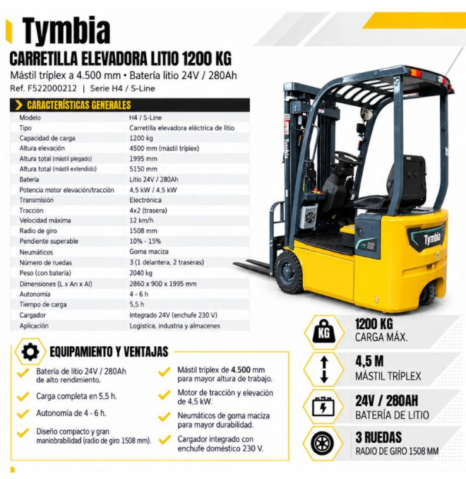 Forklift Lithium 1200kg, TriPlex Mast to 4500mm - Bateri ...