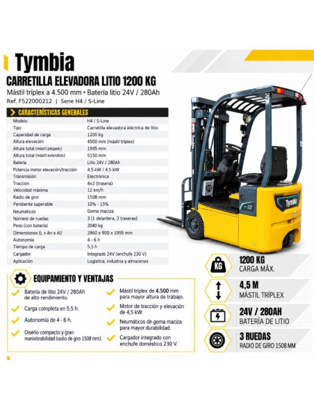 Forklift Lithium 1200kg, TriPlex Mast to 4500mm - Bateri ...