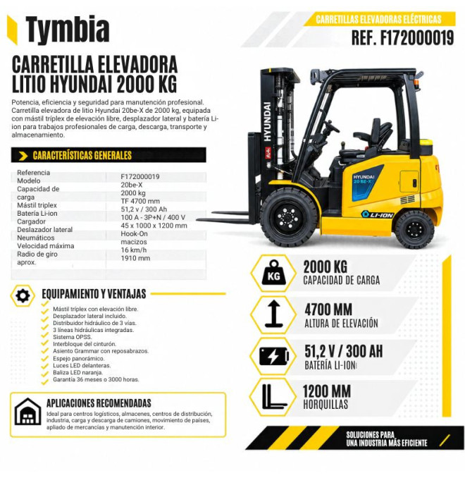 Chariot élévateur Série Lithium Hyundai 2000kg Be-X TYMBIA