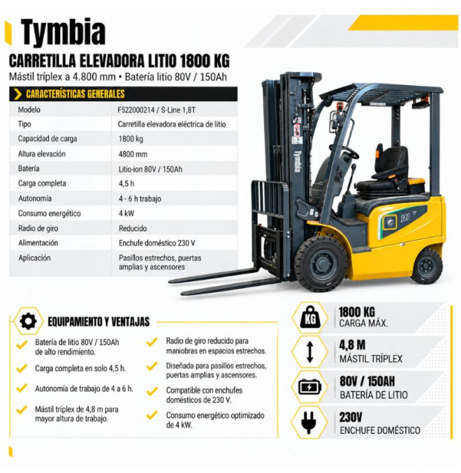 Forklift Lithium 1800kg, TriPlex Mast A 4800mm - Bateri ...