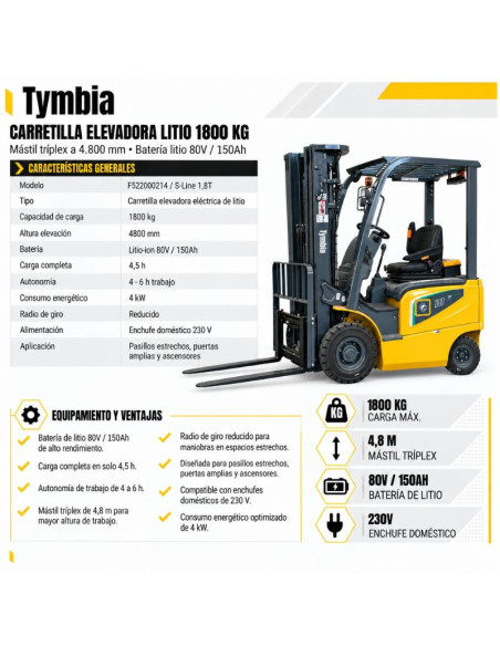 Empilhadeira Lithium 1800kg, Mastro Triplex A 4800mm - Bateri ...
