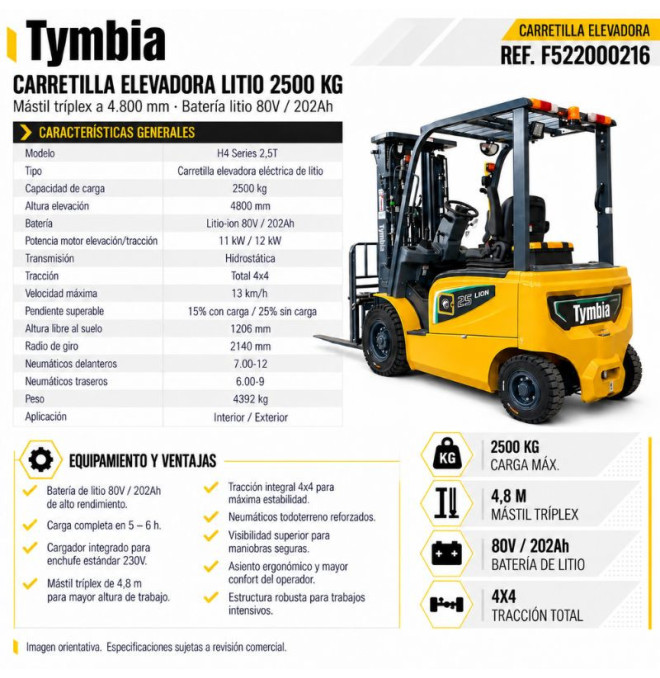 Carretilla elevadora litio 2500kg, mástil tríplex a 4800mm - Bateria litio 80V/202Ah
